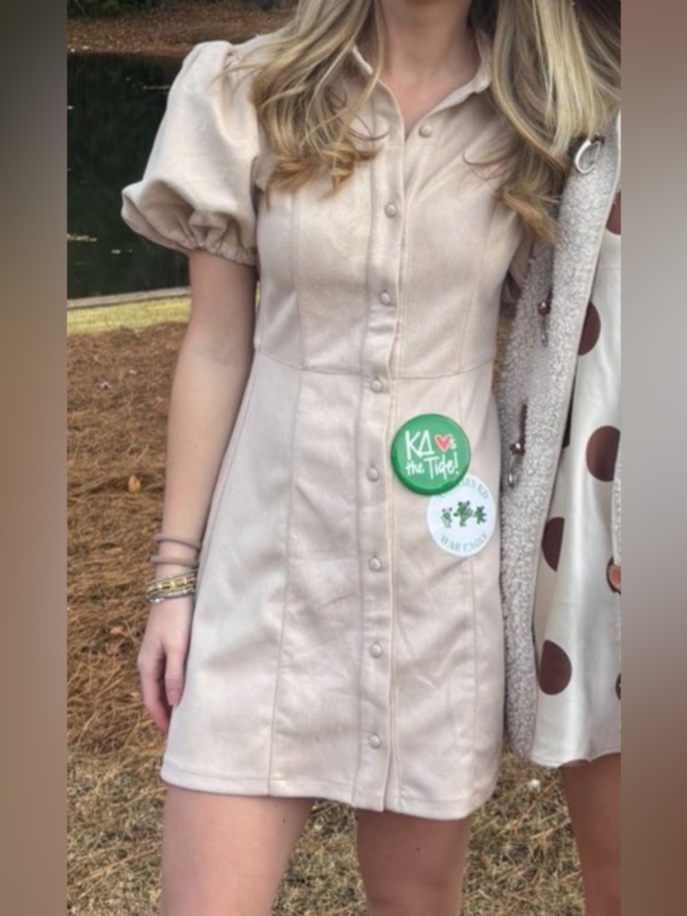 THML Suede Tan Mini Dress Button Down with Puff Sleeve and Pockets